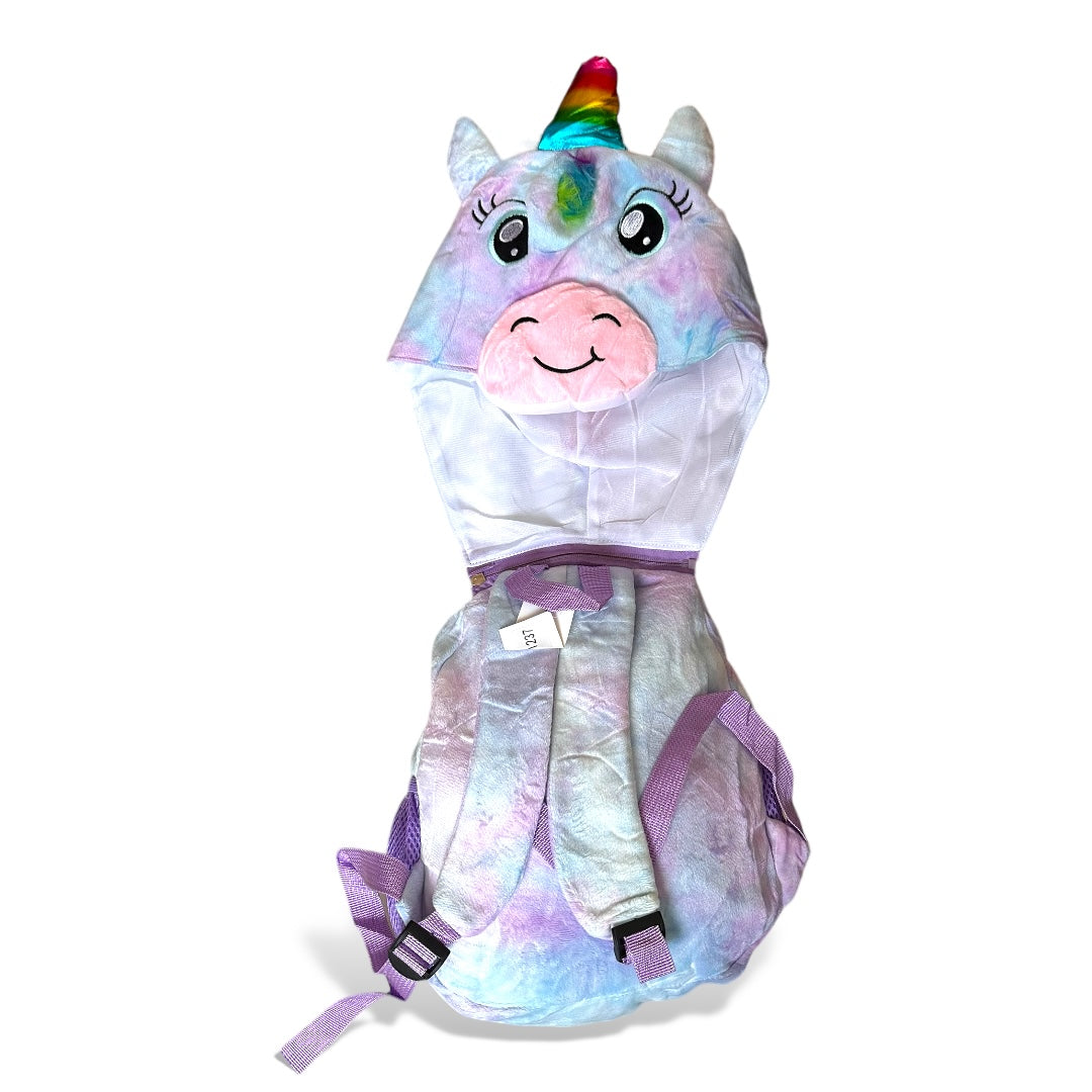 Mochila de peluche con capucha de unicornio