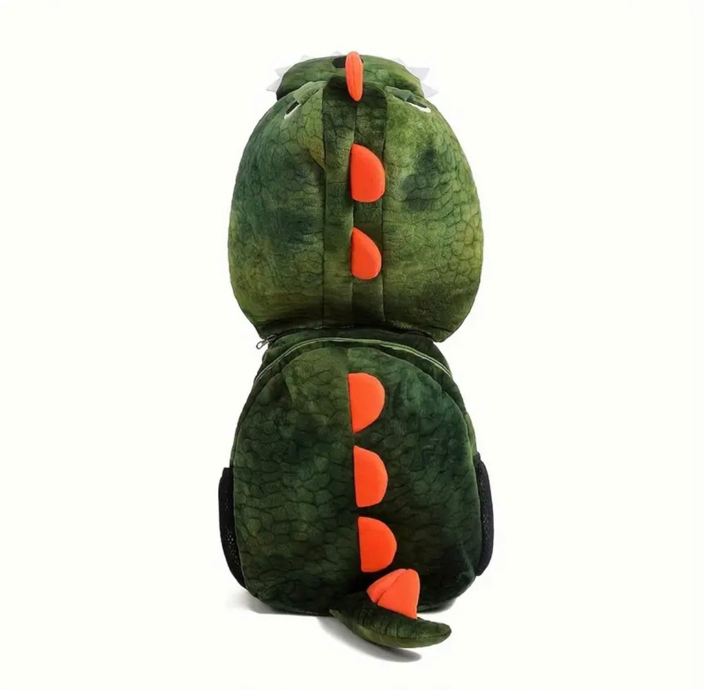 Mochila de peluche con capucha de dinosaurio