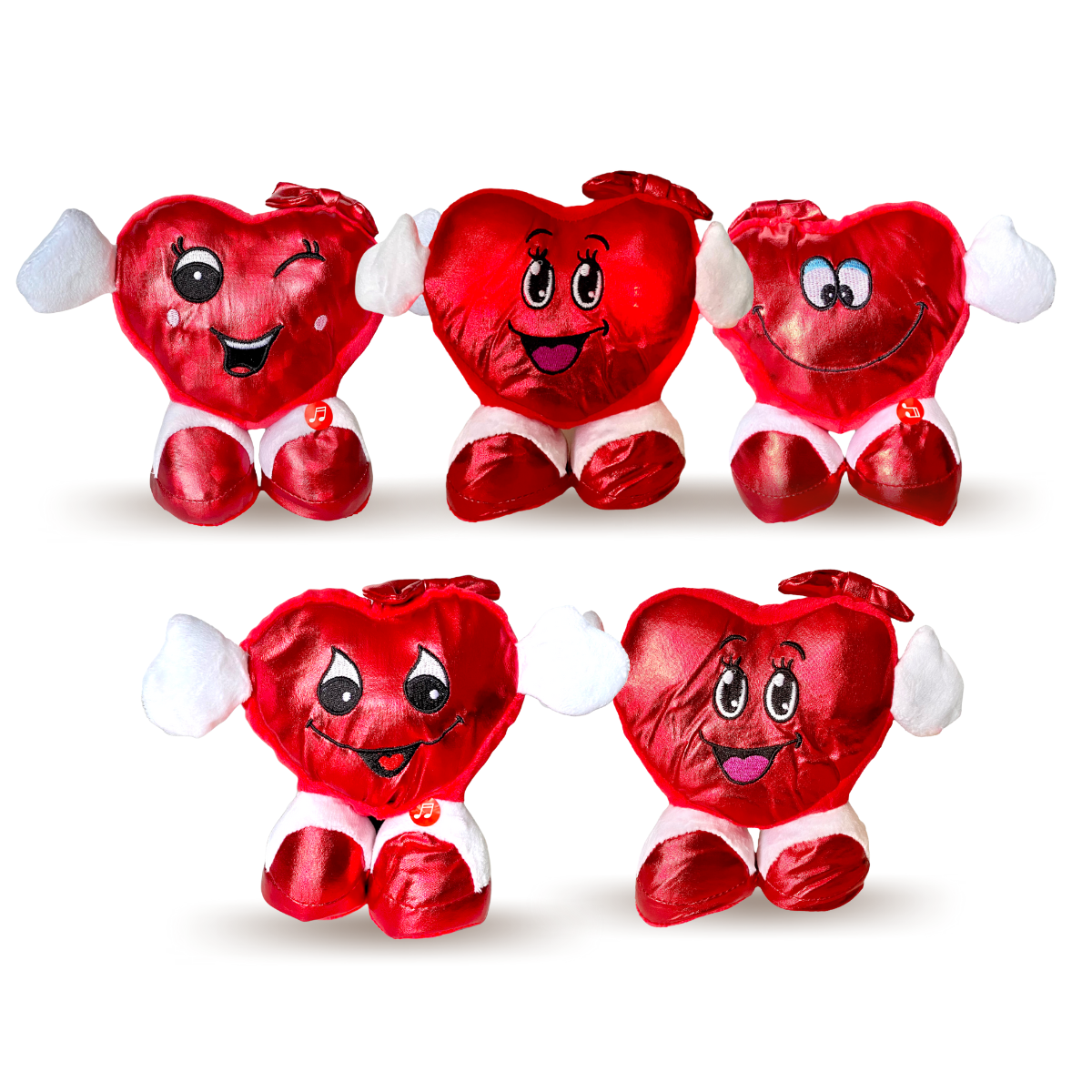 Corazón de peluche Set 5 Pzs Luz y Sonido 15 cm