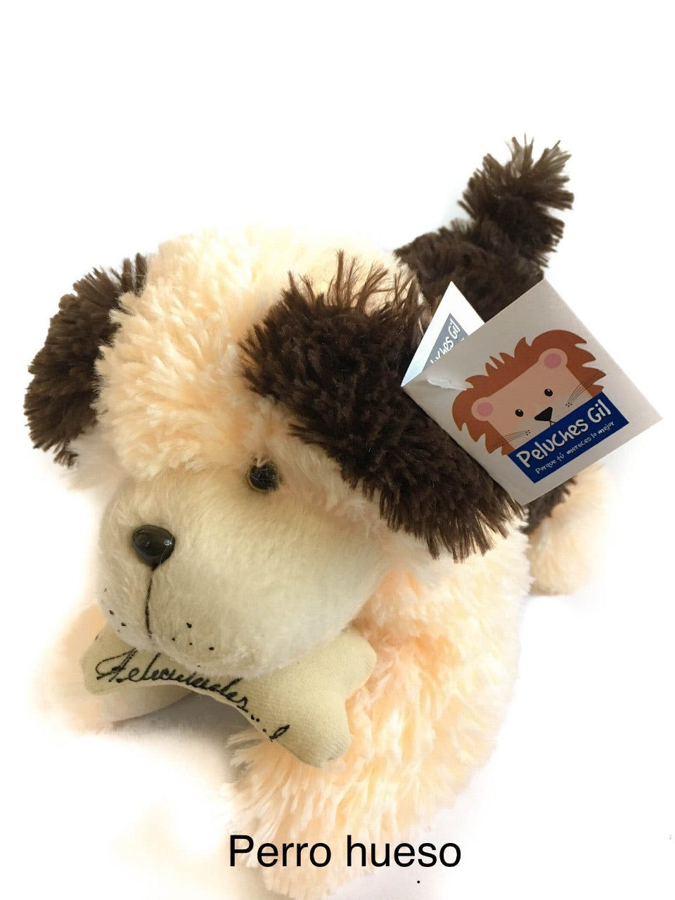 Perro echado con hueso de peluche 23 cm